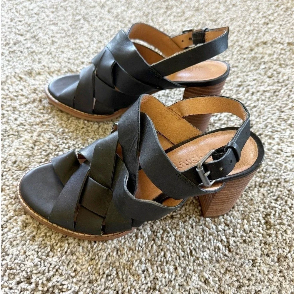 Madewell Black Woven Leather Slingback Block Heel Sandals Size 6 Vacation Boho